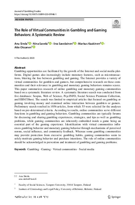 The Role of Virtual Communities in Gambling and Gaming .
